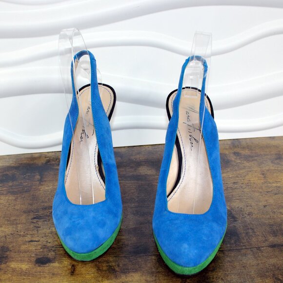 MARC FISHER Denise 6 Blue Green Suede Heels Color Block Pumps Platform Slingback - Picture 2 of 8